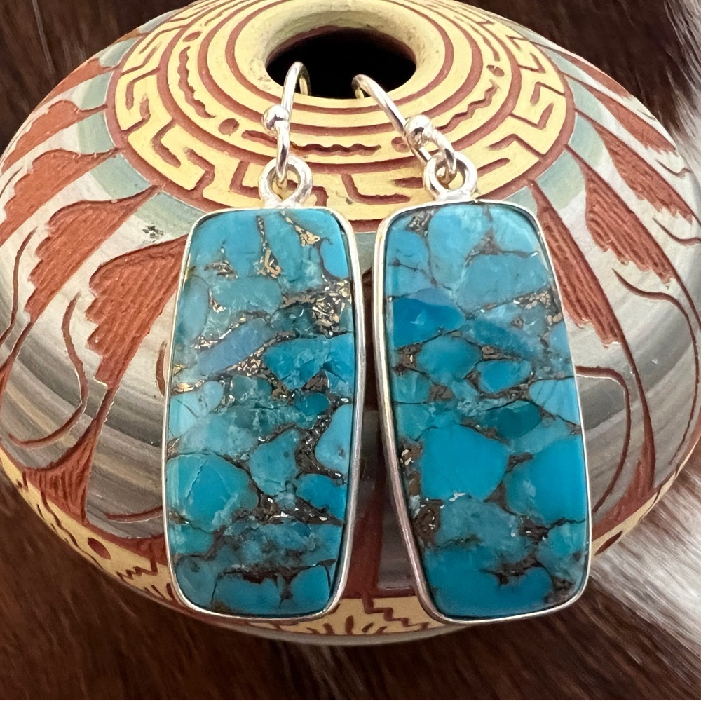 Kingman Copper Turquoise Rectangle Dangle Earring… - image 6